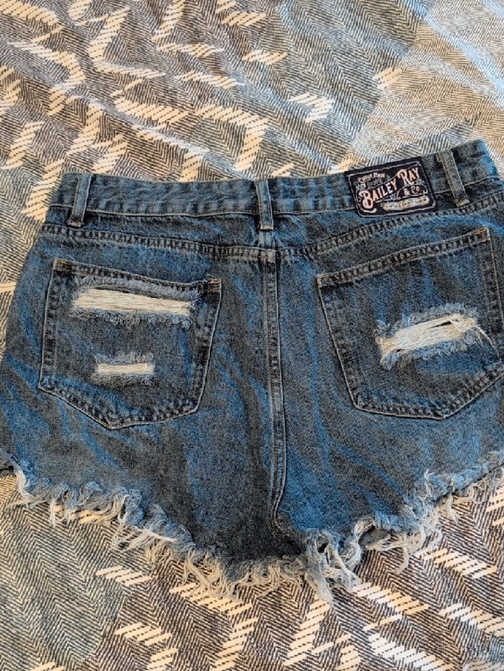 Bailey Ray & Co Blue Denim Cutoff Shorts with Red & White Flag Patches. American - Picture 2 of 7